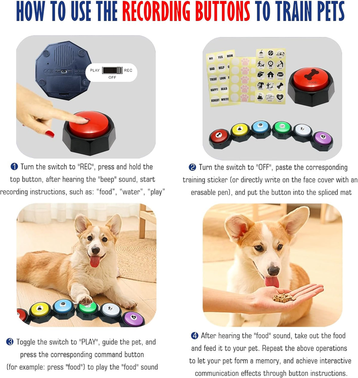 12 Color Pet Communication Buttons, Dog Buttons with 3-Mode Switch (Play/Off/Record), Talking Recordable Buttons, Includes 45 Training Stickers & Batteries for Effective Training