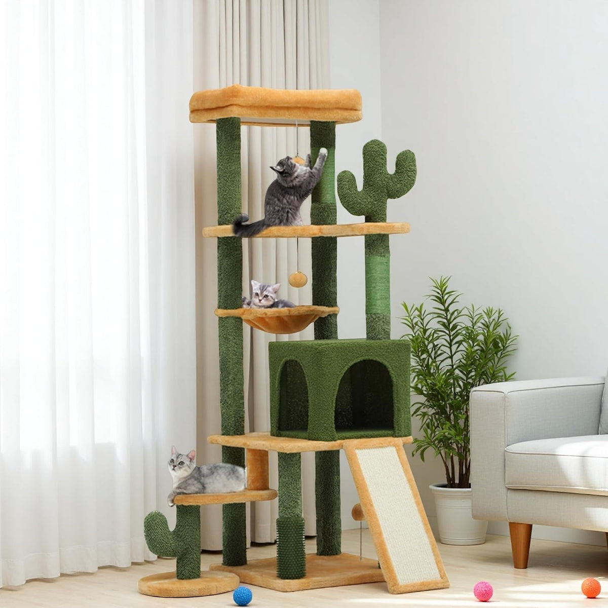 DWVO Cactus Cat Tree for Large Cats: 60" Tall with Self-Grooming Brush