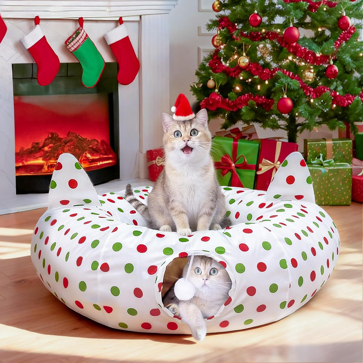 Cat Tunnels for Indoor Cats 35.4'', Circle Polka Dots Christmas Tree Skirt