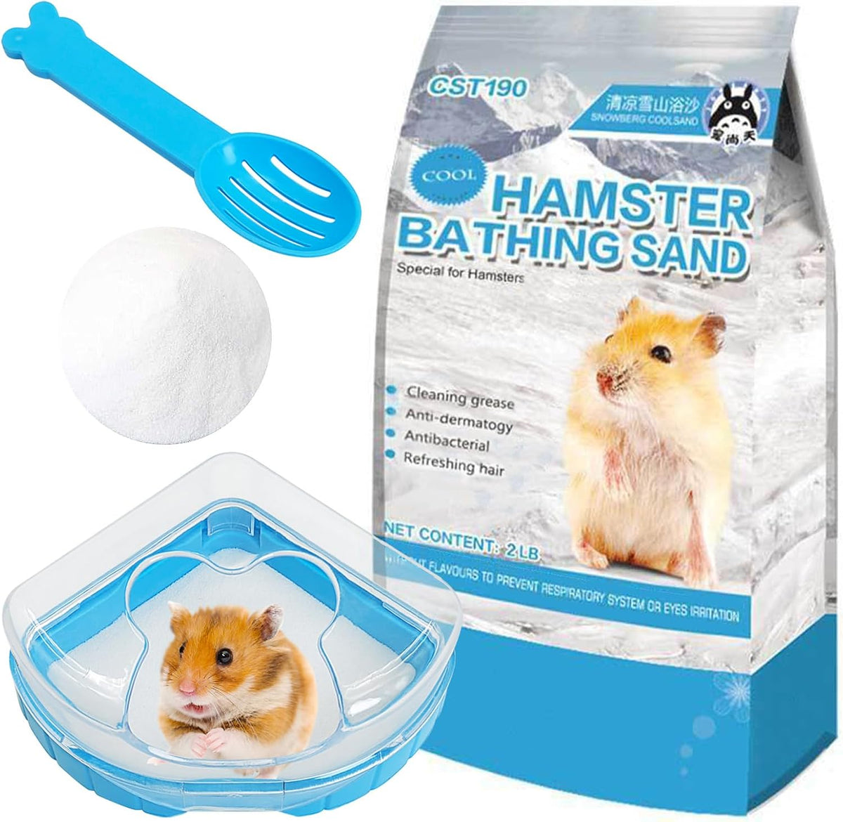 Hamster Sand Bath Kit, 2LB Bathing Sand for Gerbils with Plastic Sandbox Chinchilla Cleaning Powder Dust Free Small Animals Showering Sand for Rodent Mice Rat Mouse