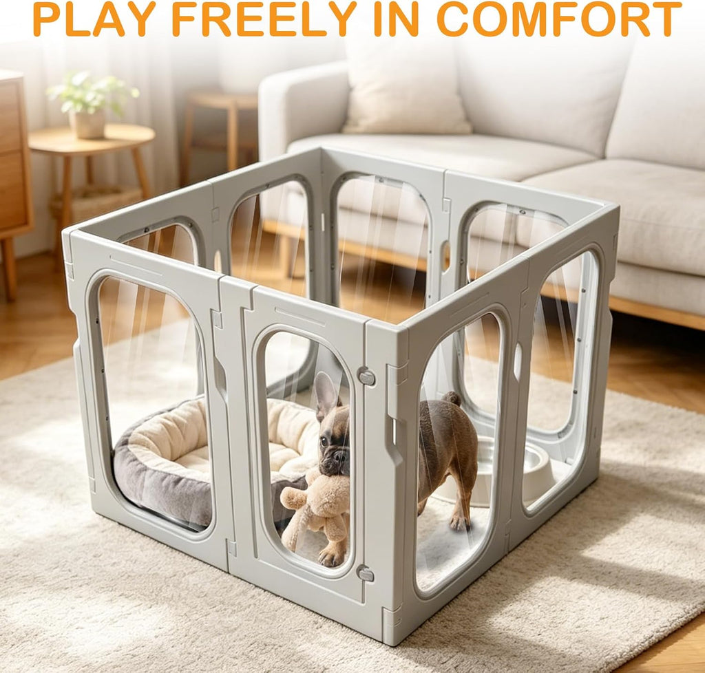 Acrylic Dog Playpen, 10-Panel Clear Transparent Puppy Playpen for Small Dogs Indoor Outdoor, Easy Assembly Foldable Pet Exercise Pen with Locking Door (White, 25.6 INCH, 10 Panels)