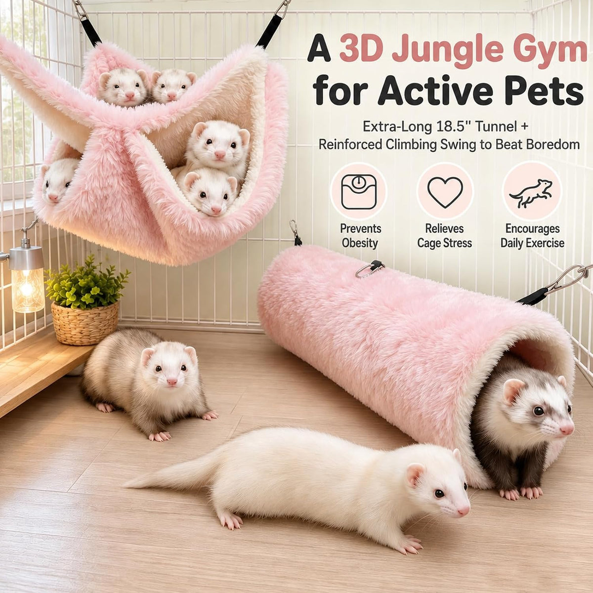 CTTZCKJ Anxiety Relief Ferret Hammock Set with Soft Cage Mat,6 Pcs Pink Sugar Glider Cage Accessories for Rats,Hamster,Guinea Pigs,Chinchilla,Squirrel,Hedgehog,Gerbil,Bunny,Bearded Dragon,Lizard