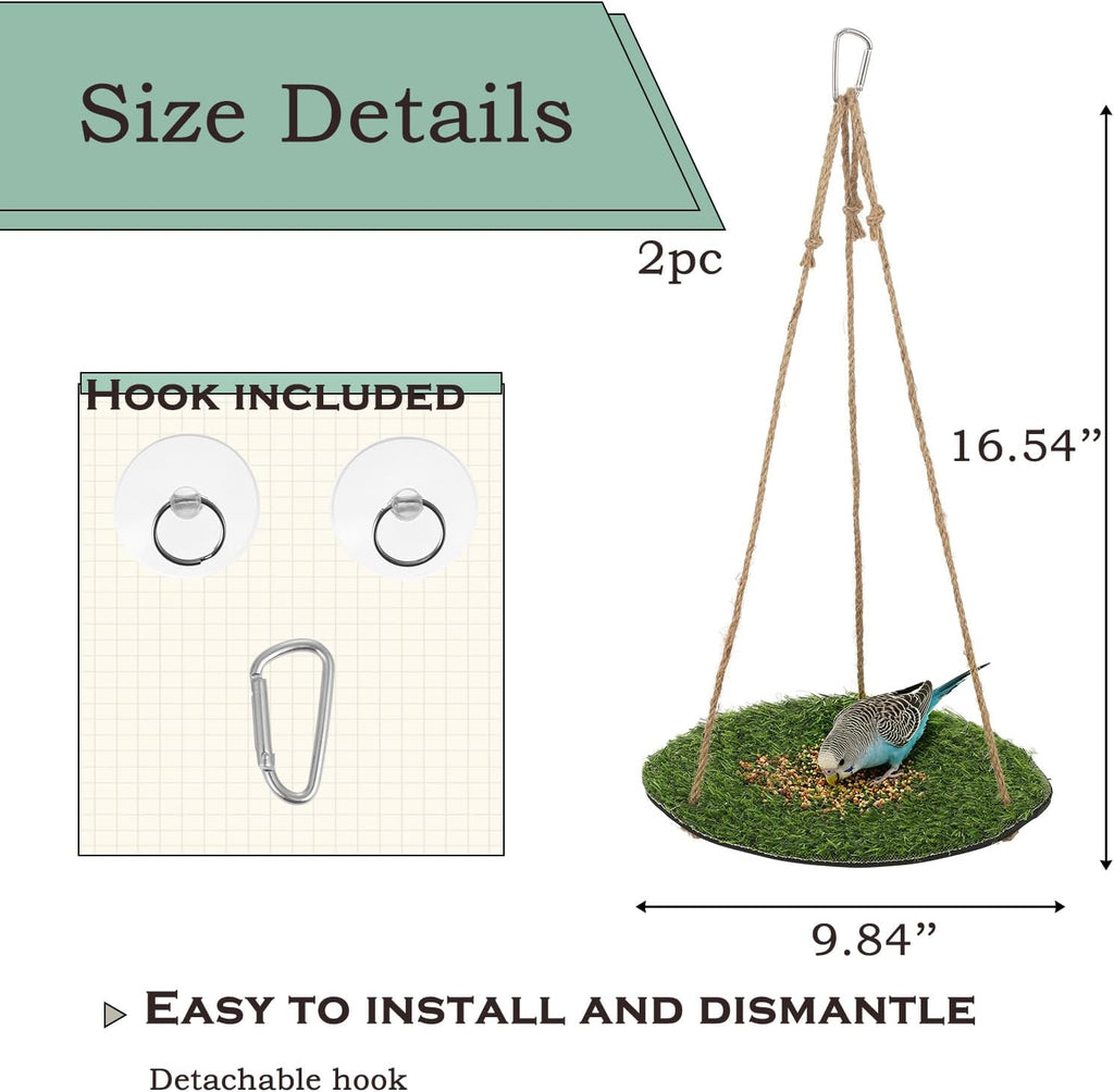 2pcs 10'' Bird Foraging Mat Toy Artificial Grass Hammock Hanging Lawn Swing with Hooks Enrichment Cage Accessories for Parakeets Parrots Cockatiels