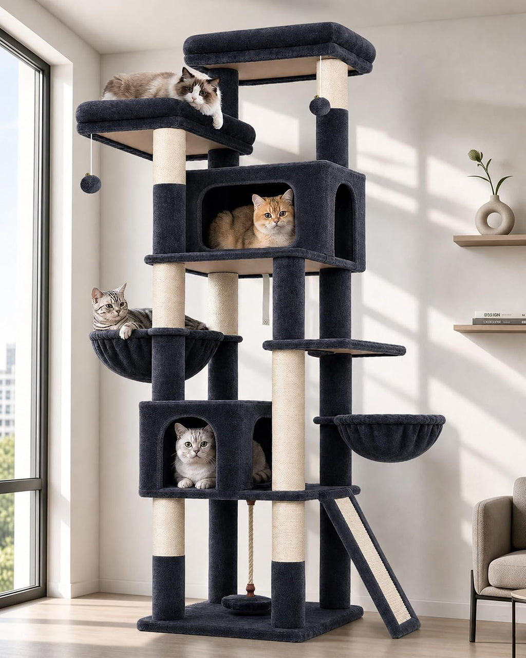 Globlazer 75in Tall Cat Tree Tower for Indoor Cats, F75B, Light Grey