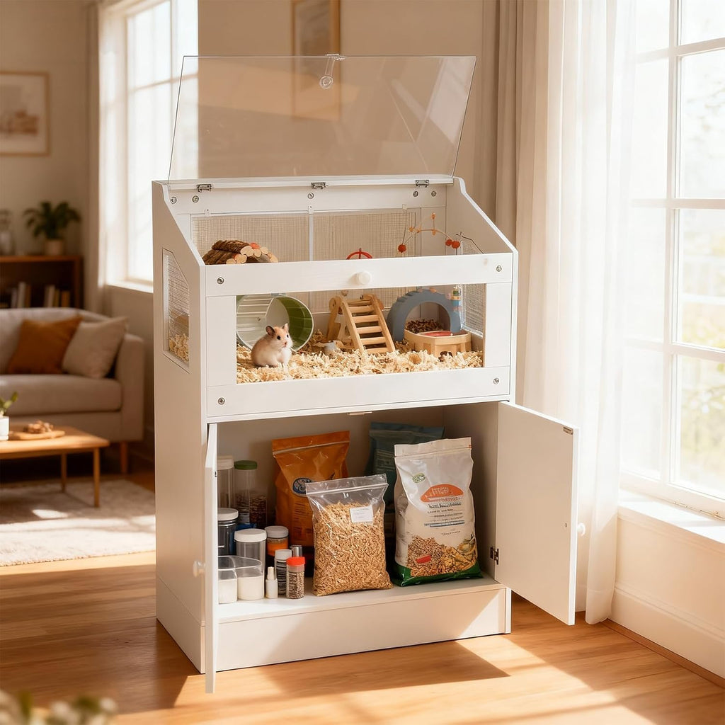 Compact Small Animal Habitat with Storage Cabinet, Clear Acrylic Hamster Cage for Gerbils, Rats, and Guinea Pigs, Ventilated Transparent Enclosure with Base Storage, Modern Pet Cage for Home Use