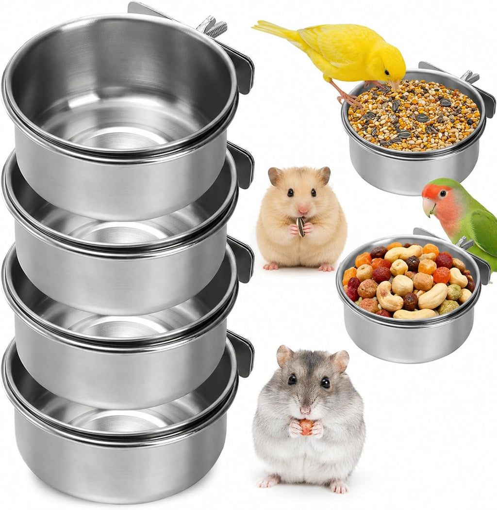 Okllen 4 Pack Bird Feeding Dish Cups, Detachable Stainless Steel Bird Food Bowls with Clamp for Chinchilla Parrot Cockatiel Conure Budgies Parakeet Small Animal