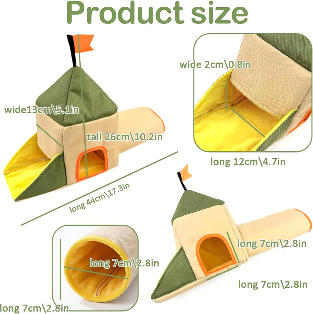 Guinea Pig Hideout and Toys, Castle Theme Small Pet Tunnel and Bed with Flag for Bunny Rabbit Ferret Hamster Chinchilla Hedgehog Hiding and Resting, 17.3in Long(Khaki)