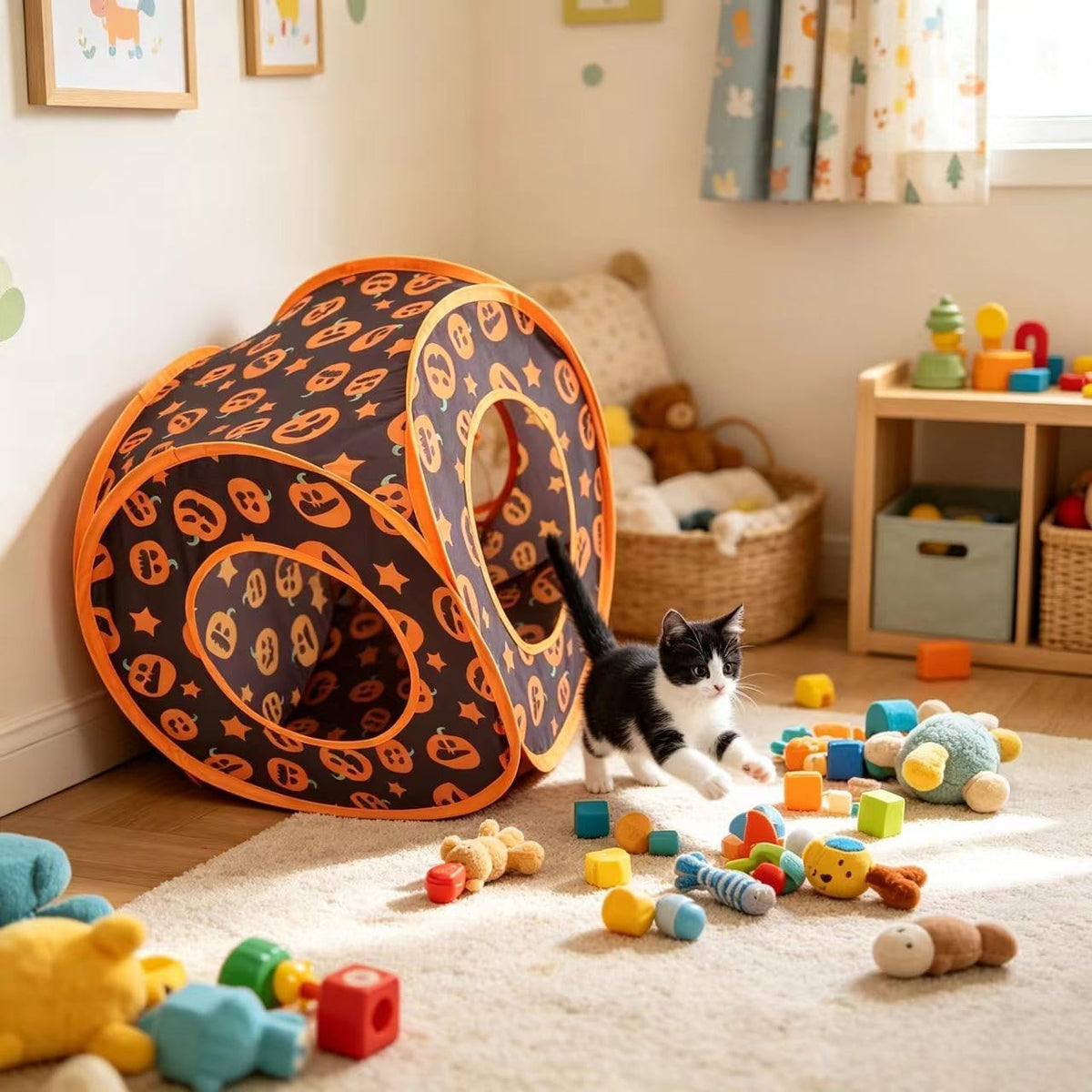 Halloween Cat Tent Cube for Indoor Cats, Pop Up Kitten Play Tunnel House, Collapsible Pet Hideaway Cave Box Toys with 3 Holes, Pumpkin Hut