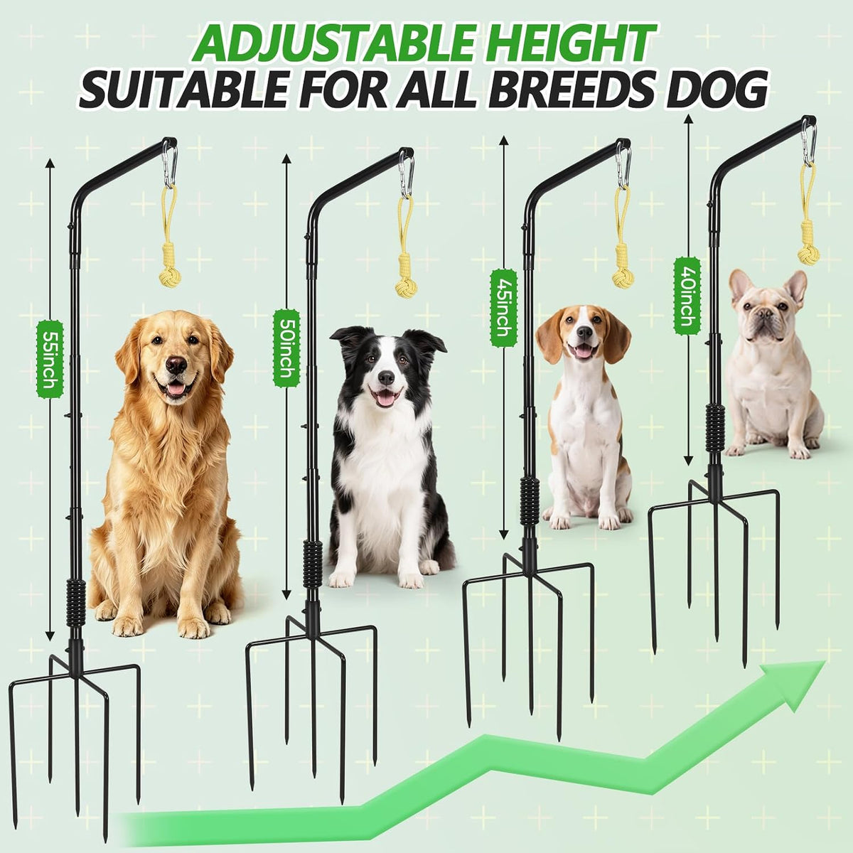 HVDI Tether Dog Toy Rack with 3 Tug Rope Toys, Dog Rope Play Spring Rack and Interactive in Yard, Park, Lawn, Adjustable Height Suitable for Large, Medium, Small Dogs (55 Inches)