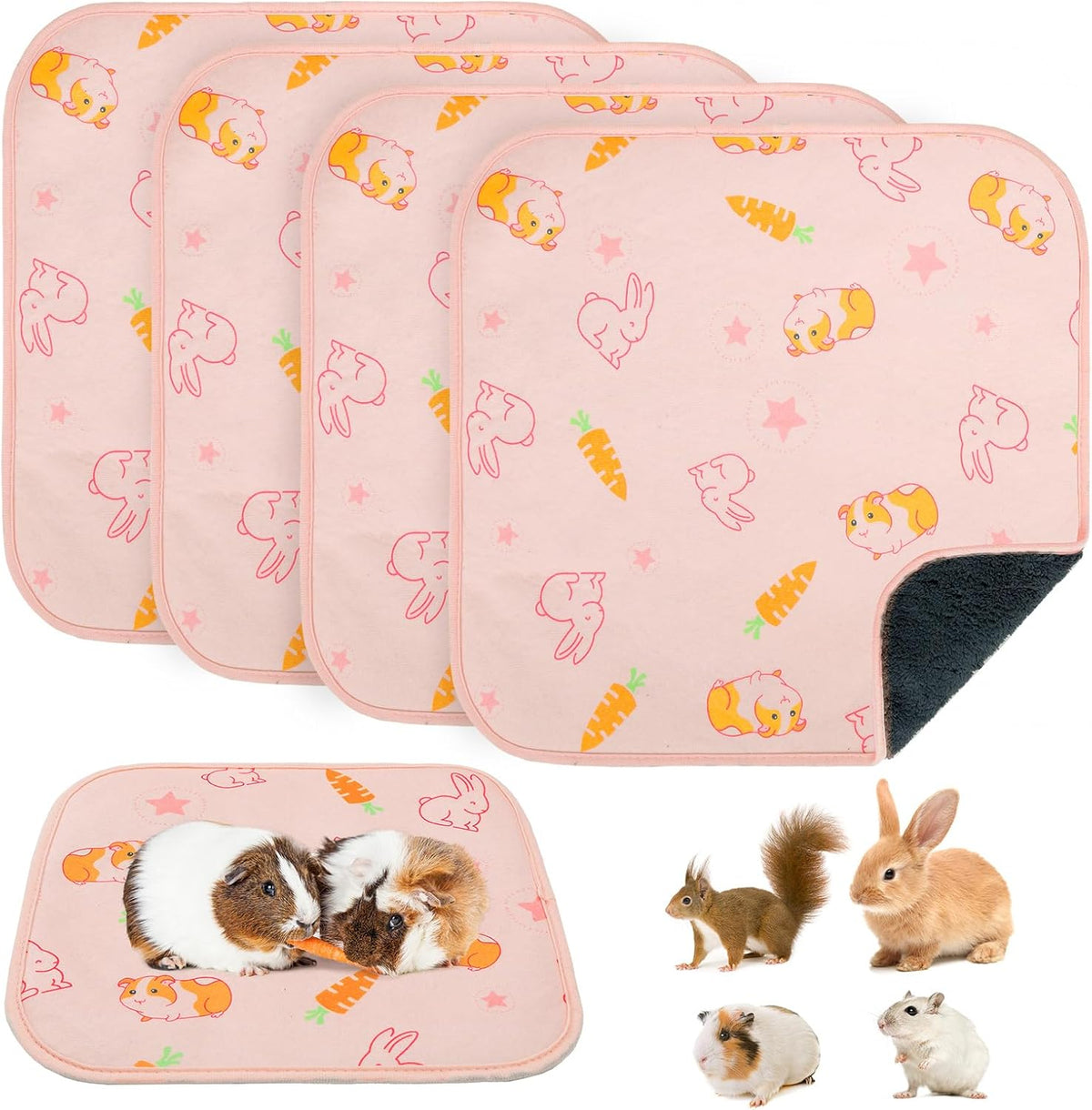 BEAUTYZOO 4 Pack Washable Reversible Guinea Pig Cage Liners, Fleece Bedding