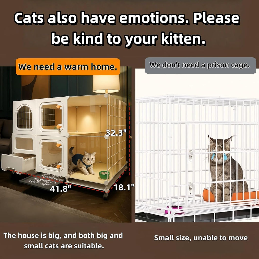 Indoor cat cage with Litter Box,Complimentary Cat Bed,Bow,lcat House with Wheels Outdoor,Large cat Villa Playpen,Small Animal Dog Kennel cat enclosures(42″(L) x18.2″(W) x32.4″(H))