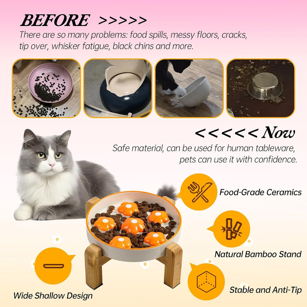 Elevated Ceramic Slow Feeder Cat Bowl with Anti-Slip Bamboo Stand