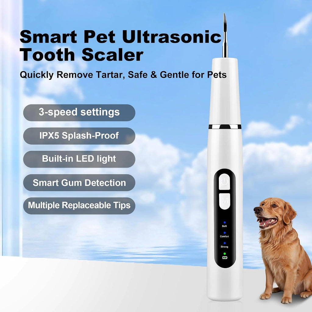Ultrasonic Dog Teeth Cleaner Kit, Smart Sensor Pet Plaque & Tartar Remover for Dogs & Cats, Adjustable Modes Teeth Cleaning Tool with LED Light, IPX5 Waterproof USB Rechargeable Dog Dental Care Kit