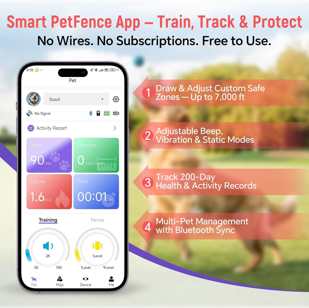 GPS Wireless Dog Fence with Remote Training Collar, Free App Control, Custom Polygon Boundary, No Monthly Subscription, Virtual Fence for Dogs 10-120 lbs, Pink
