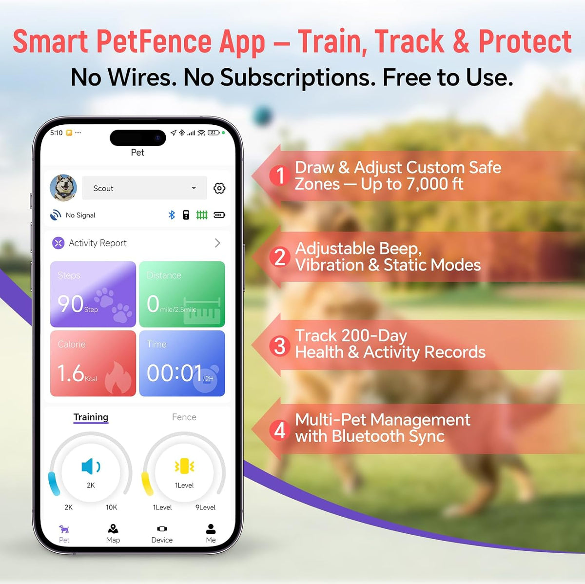 GPS Wireless Dog Fence with Remote Training Collar, Free App Control, Custom Polygon Boundary, No Monthly Subscription, Virtual Fence for Dogs 10-120 lbs, Pink