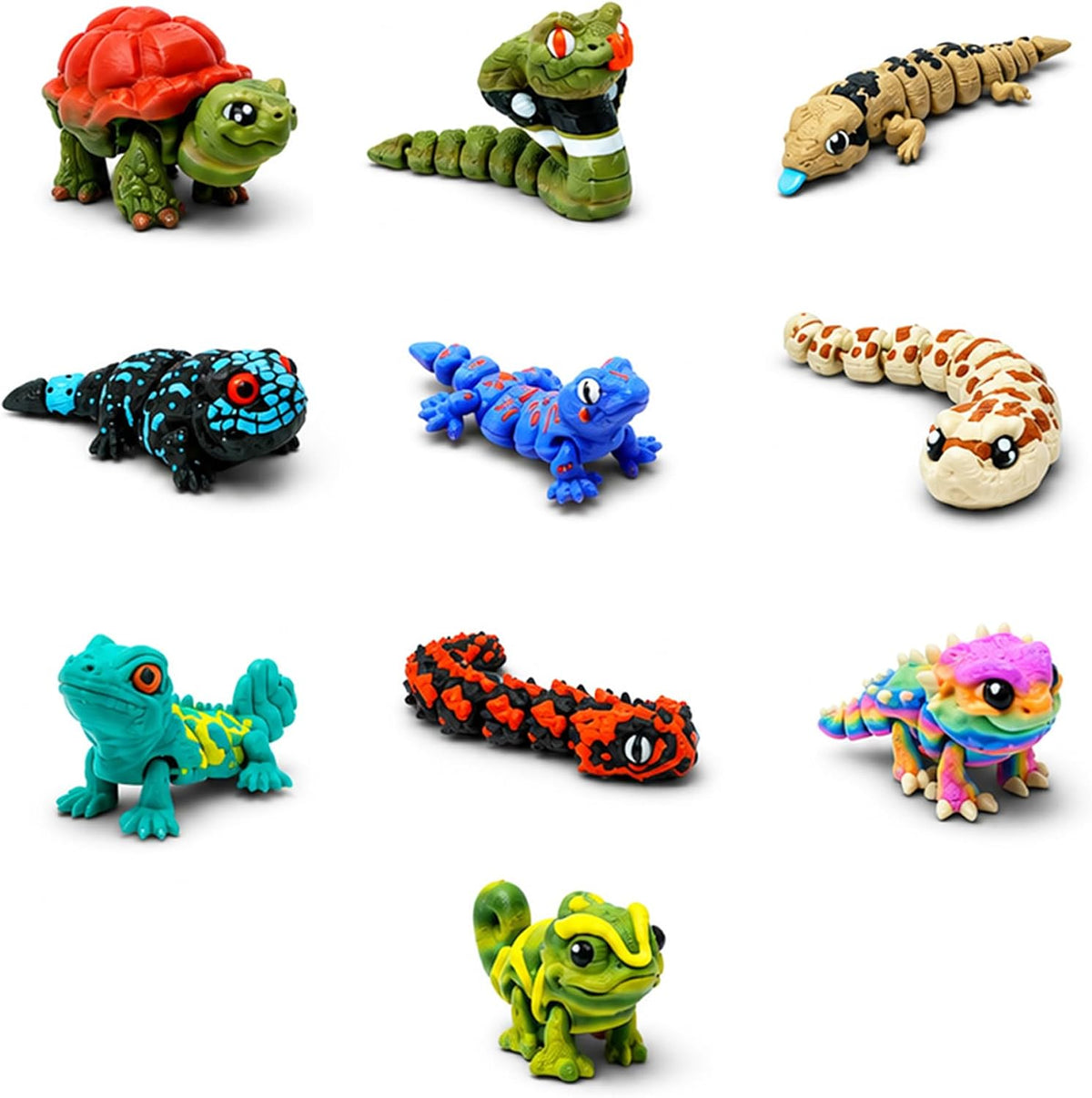Reptile Collection with Rustic Stone Egg Hatchery - 10 Articulated 3D Printed Mini Lizards, Snake & Turtles, Miniature Shelf Display for Reptile Enthusiasts, 3D Printed Lizard and Snake Set
