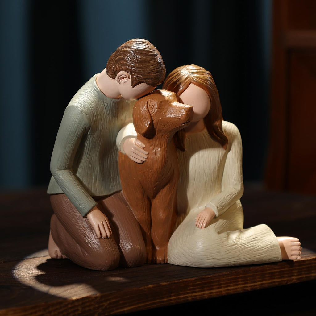 Hensonever Couple with Dog Figurines Ornaments, We are A Family Memorials Statues Gifts for Dog Lovers