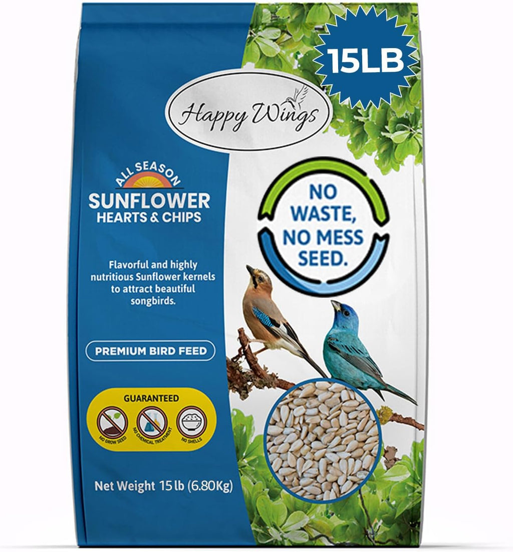 Happy Wings 15LB Sunflower Heart & Chips (Kernels) Wild Bird Food, No Waste
