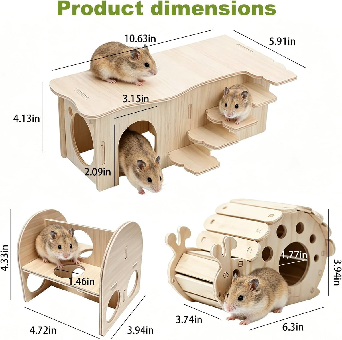 3 Pcs Wooden Hamster Platform Set,Snail‑Shaped Hideout with Climbing Ladder