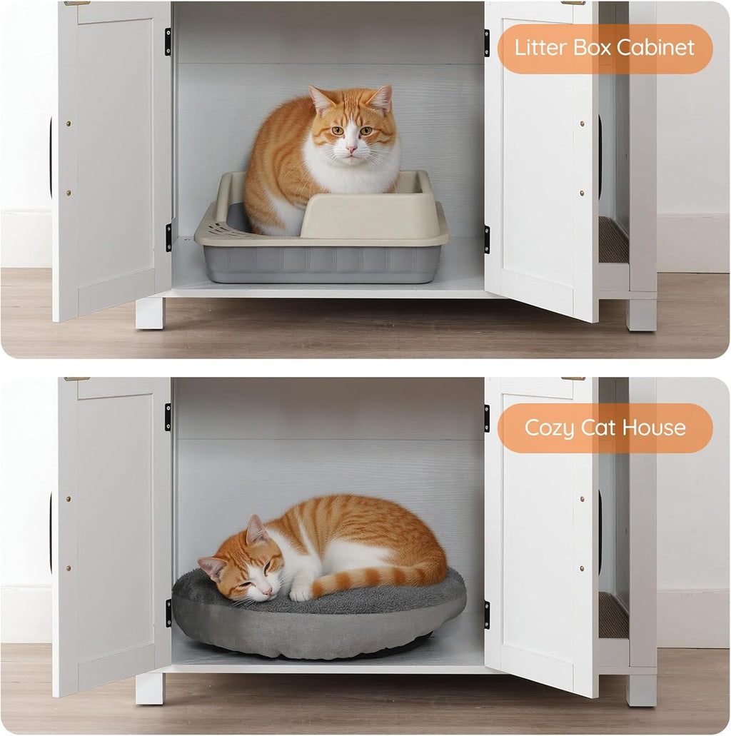 HOOBRO Cat Litter Box Enclosure, Farmhouse Hidden Litter Box with Scratch Pad, Litter Box Furniture with Storage Layer, End Side Table,White and Walnut, WH24MW01