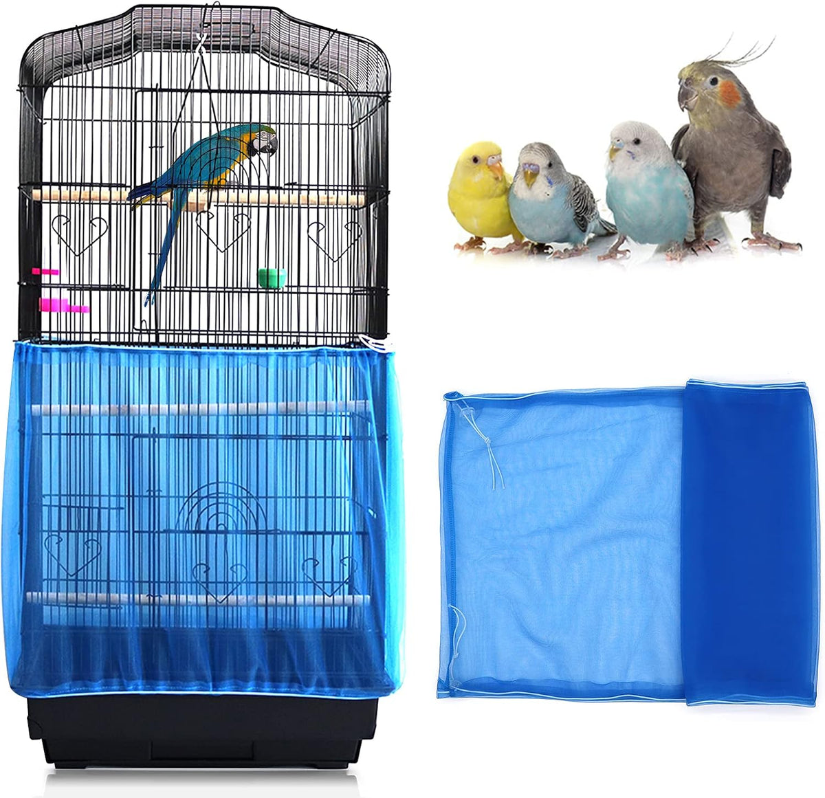 Daoeny Universal Bird Cage Cover, Adjustable Seed Feather Catcher, Soft Airy Nylon Mesh Parrot Net, Birdcage Cover Skirt Sheer Guard for Round Square Cages (Blue)