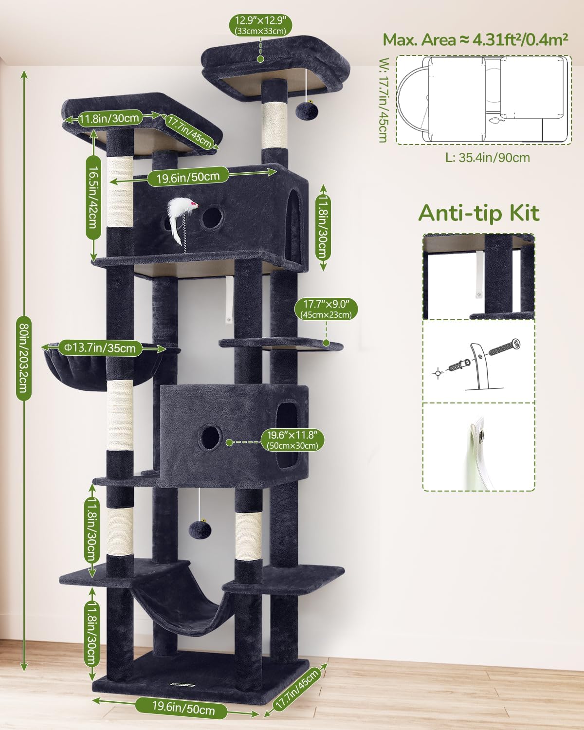 Globlazer 80in Cat Tree Tower for Indoor Cats Large Adult, S80B, Dark Grey