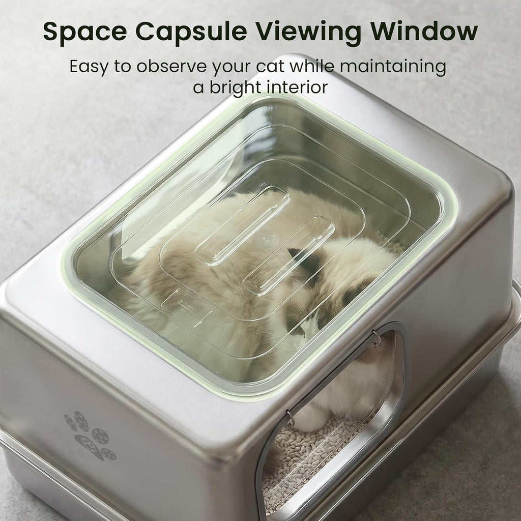 Ptlom Enclosed Stainless Steel Litter Box for Large Cats, Leak-Proof Metal Cat Toilet with Lid, Ventilated Top Opening Covered Cat Pan High Sided Walls, Scoop & Litter Mat, 20.8" x 13.0" x 13.1"