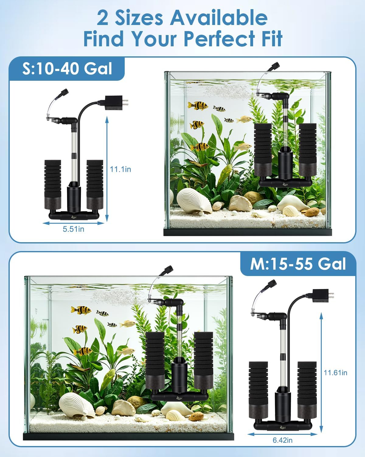 AQQA USB Electric Sponge Filter for Aquarium, No Air Pump Needed Submersible Fish Tank Filter with Bio Ceramic Media & 110V Adapter, Quiet 360° Rotatable Outflow for Betta Shrimp Fry Breeding Tank