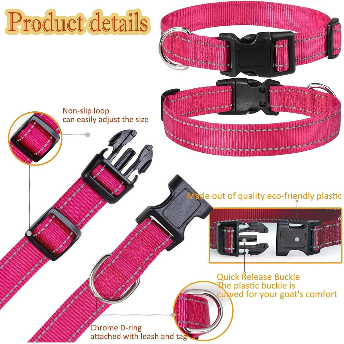 5 Pack Reflective Goat Collars with Grazing Copper Bells and Adjustable Nylon Collar with Anti-Lost Loud Bronze Bell for Farm Animal Goat Sheep Horse Cow(Size:M Neck:14-20")