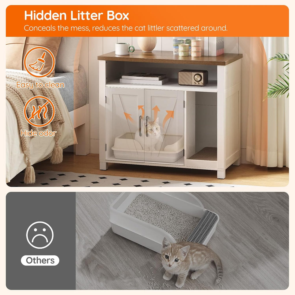 HOOBRO Cat Litter Box Enclosure, Farmhouse Hidden Litter Box with Scratch Pad, Litter Box Furniture with Storage Layer, End Side Table,White and Walnut, WH24MW01