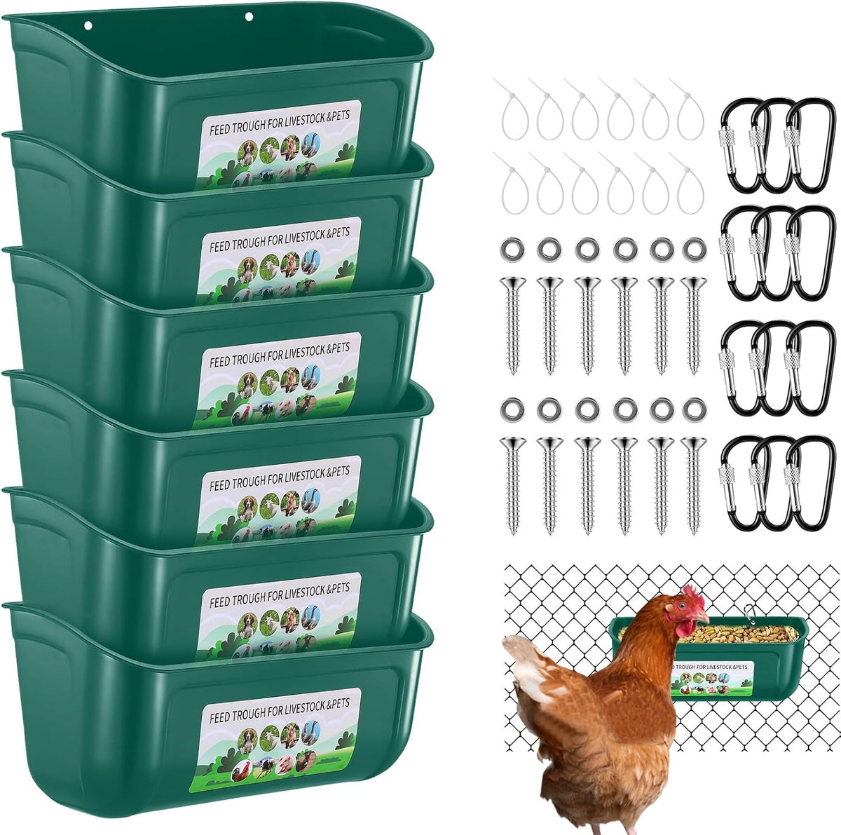 Chicken Feeder Waterer, 3 Pack Duck Feeder Supplies, Hanging Fence Feed Trough with Clips for Goat, Sheeple, Piglet, Gooses, Turkeys, Dog Livestock Poultry, Blue