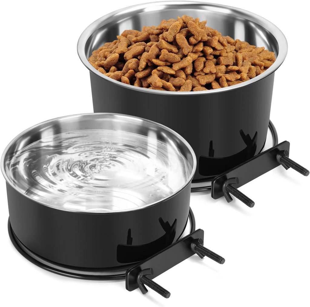Crate Dog Bowls for Large Dogs, Removable Stainless Steel Dog Bowls for Food and Water, Pet Kennel Hanging Food Water Feeder Station for Medium/Large Pets, (7.1"x3.7" & 7.1"*2.6", Black)