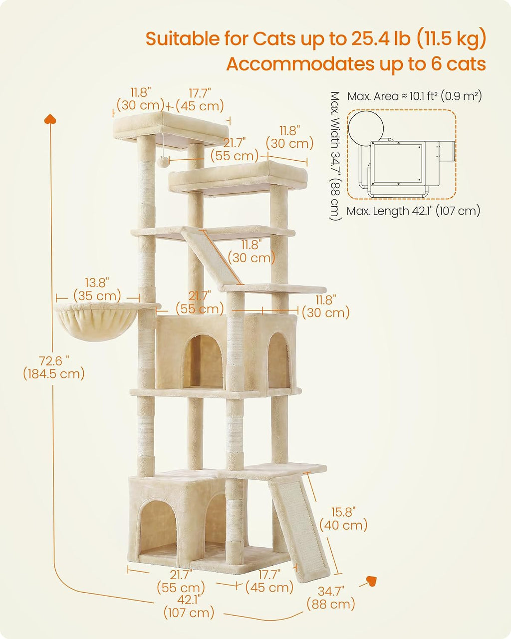 Feandrea Large Cat Tree, 72.6" Tall Sturdy Cat Tower for Indoor, Beige