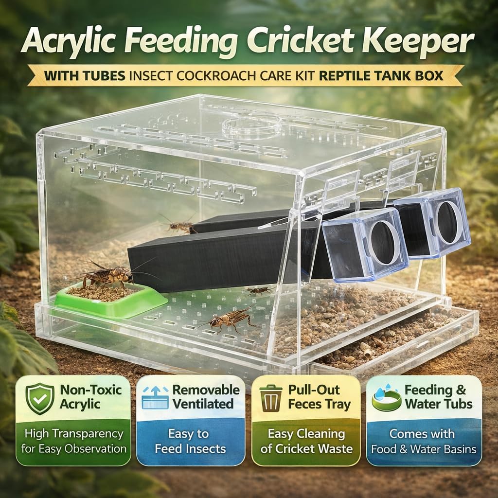 Acrylic Cricket Keeper with Tubes–Reptile Feeding Cricket Keeper with Feces Layer & Ventilated Lid,Transparent Crickets Enclosure for Observation,Feeder Insect Storage,Includes Food/Water Tubes (L)