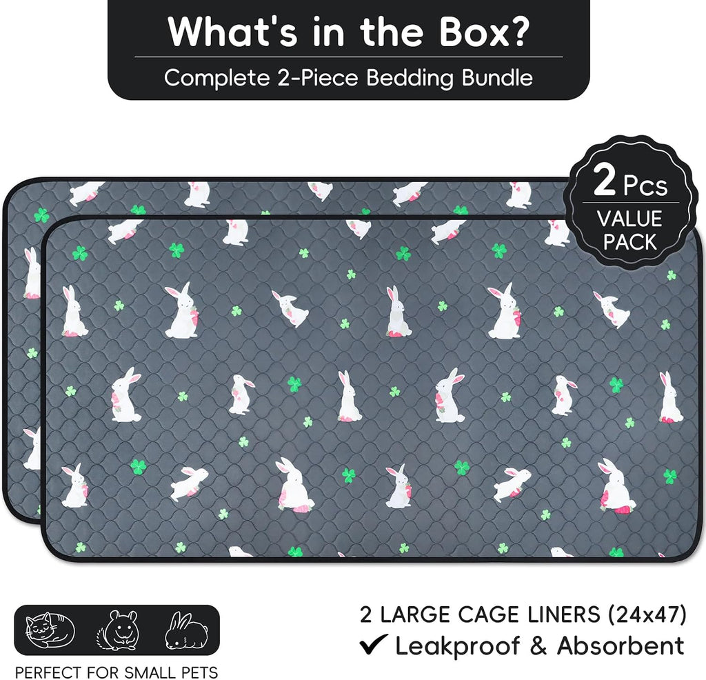 2 Pack Guinea Pig Cage Liners, Washable Guinea Pig Pee Pads Waterproof Reusable & Anti Slip Guinea Pig Bedding Fast and Super Absorbent Pee Pad Tarp Bottom for Small Animals (Rabbit Pattern 24" X 47")