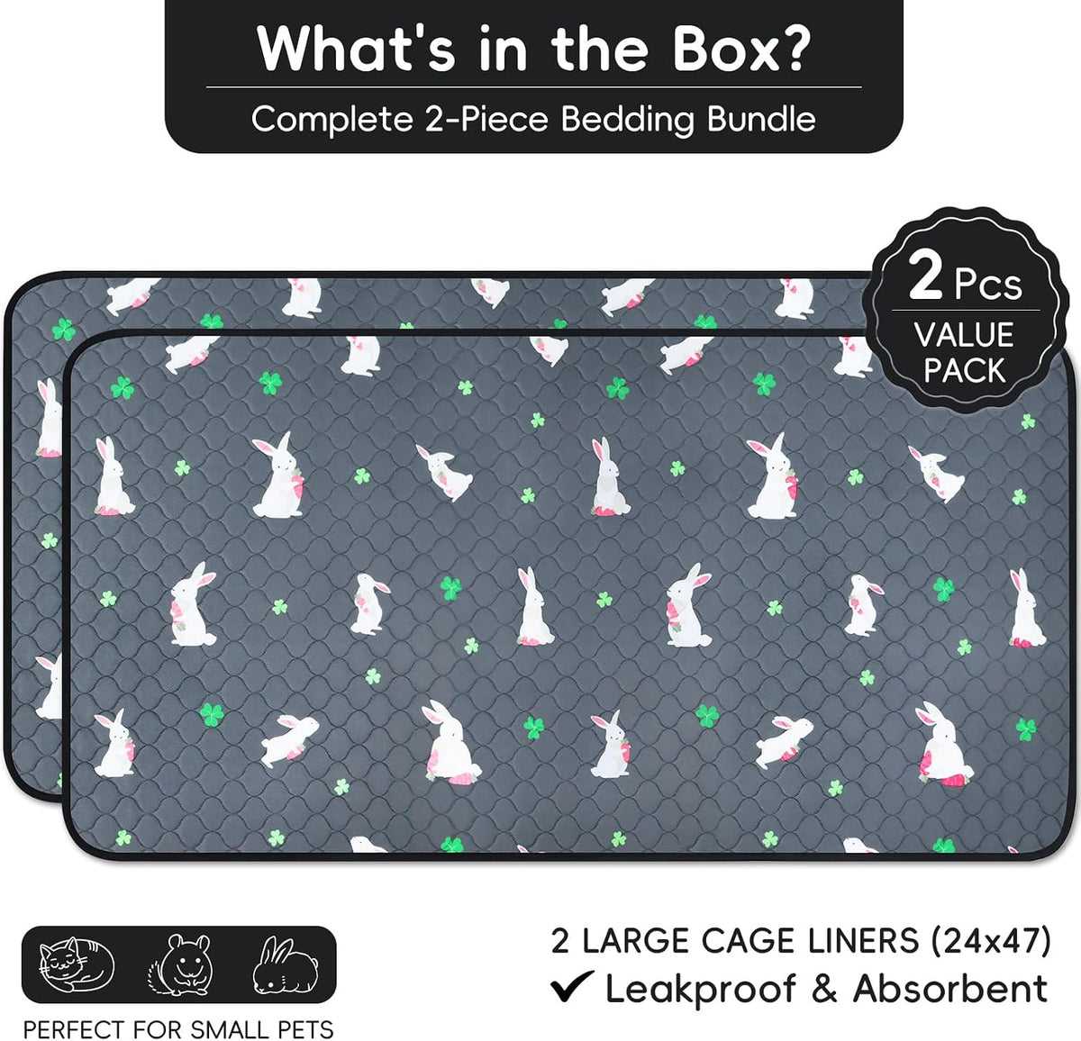 2 Pack Guinea Pig Cage Liners, Washable Guinea Pig Pee Pads Waterproof Reusable & Anti Slip Guinea Pig Bedding Fast and Super Absorbent Pee Pad Tarp Bottom for Small Animals (Rabbit Pattern 24" X 47")