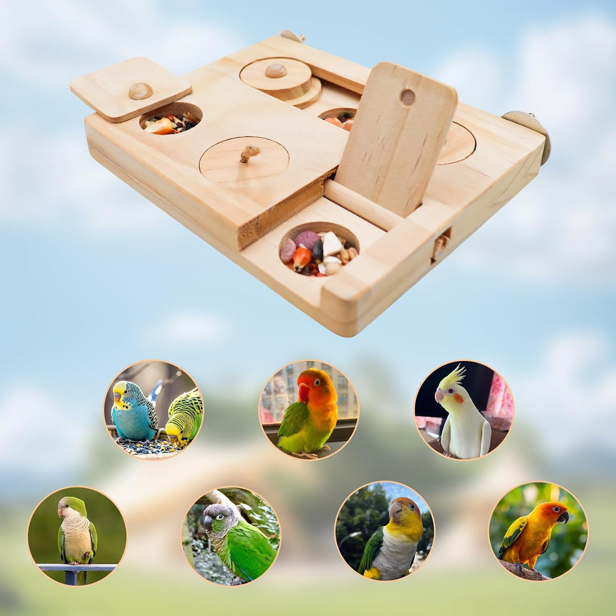 Wooden Bird Foraging Puzzle – Interactive Food Challenge Toy with Sliding Blocks & Locks | Cage-Mounted Enrichment for Budgies, Cockatiels, Conures