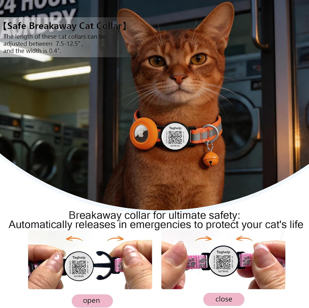 2 Pack Airtag Cat Collar,Reflective Breakaway with Smart QR Code,Orange