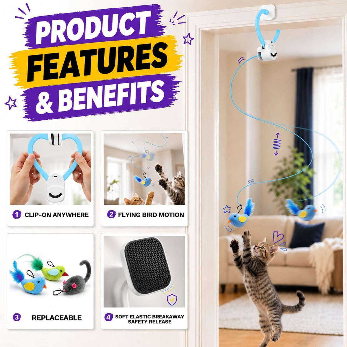 Interactive Cat Toys for Indoor Cats, Clip-On Automatic Flying Bird