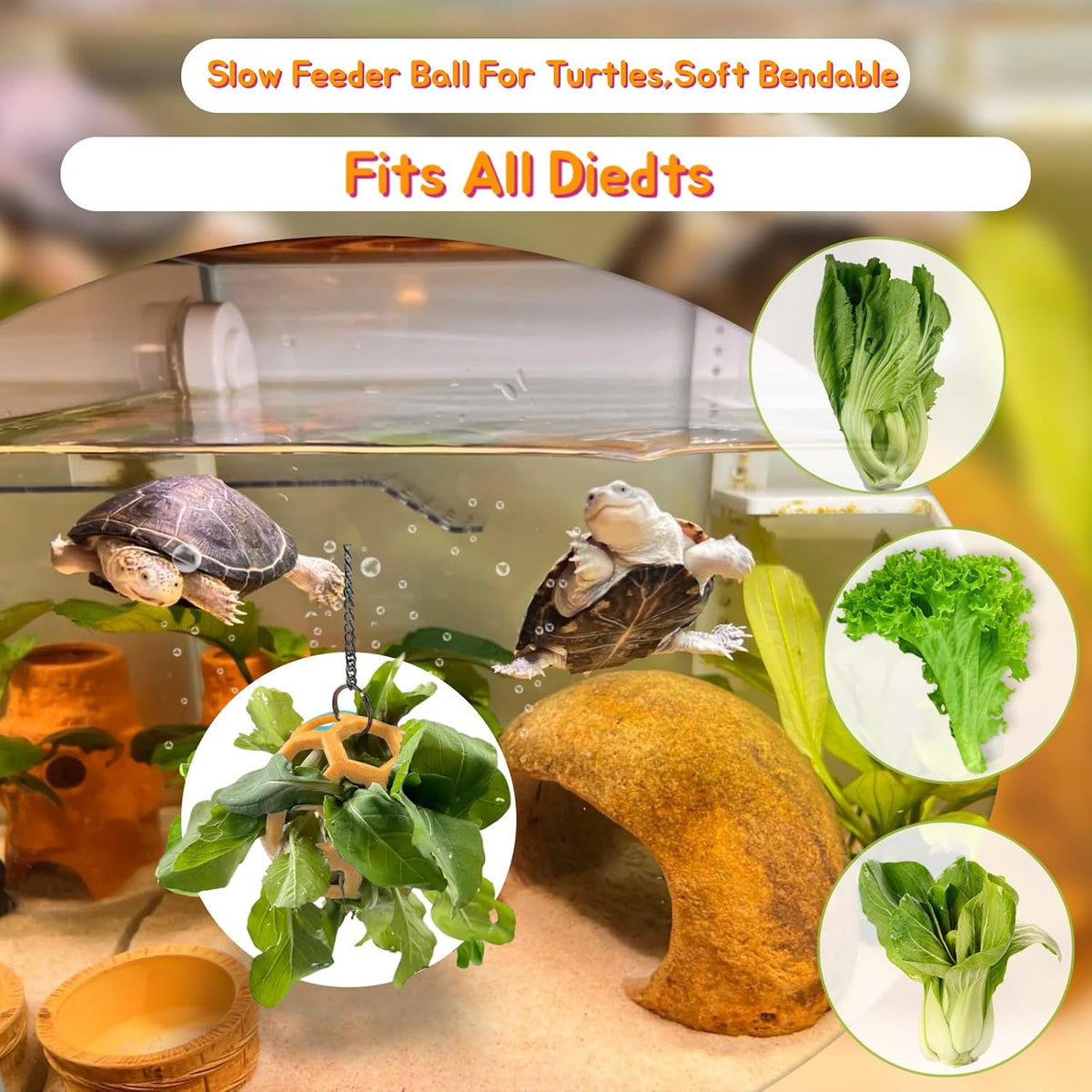 3 Pcs Turtle Tank Accessories, Tortoise Brush with Suction Cup, Feeder Ball