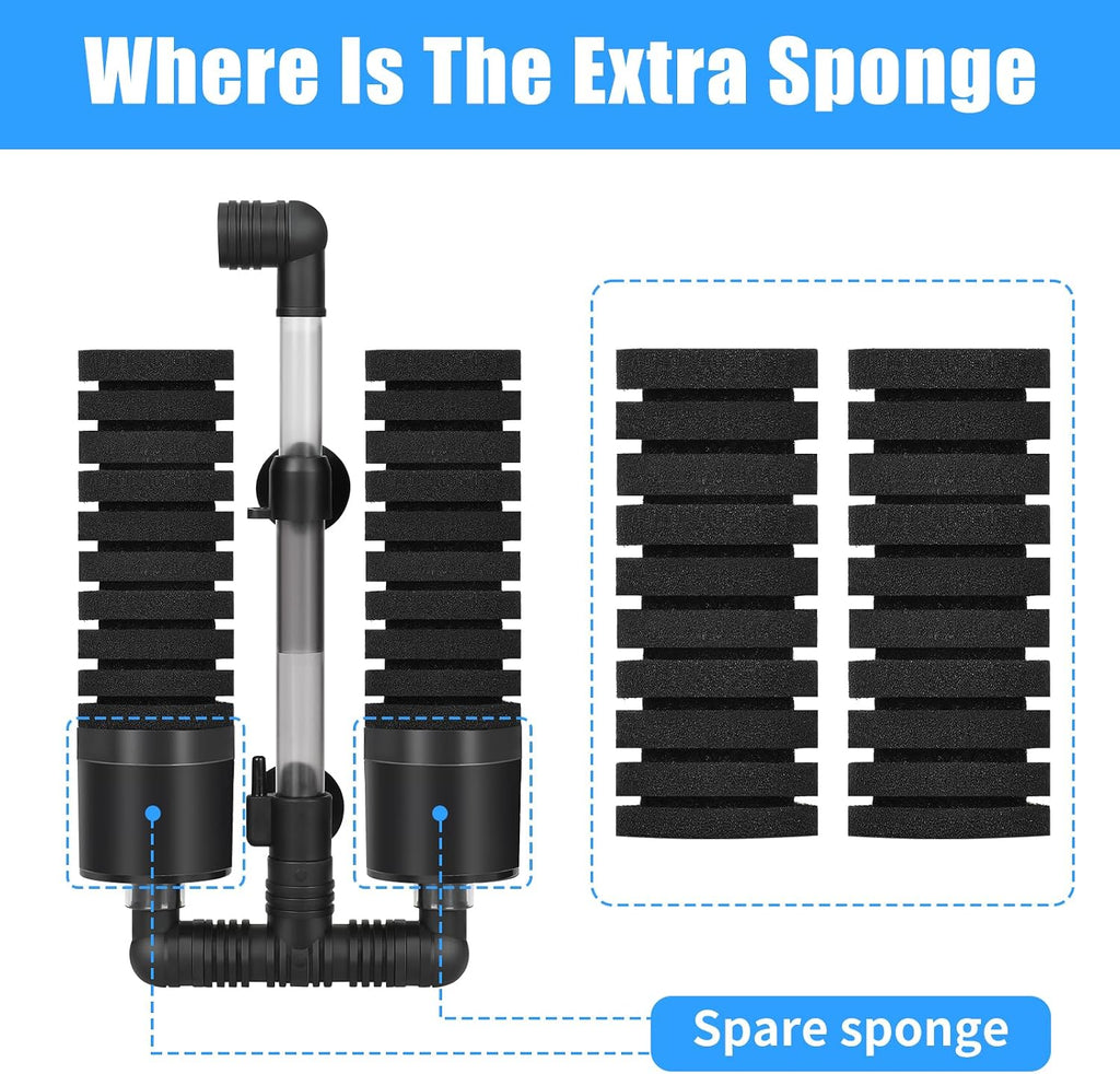 AQUANEAT Aquarium Air Powered Sponge Filter with Ceramic Media Balls, for Betta Fry Shrimp Fish Tank, with 2 Spare Sponges, up to 40Gal