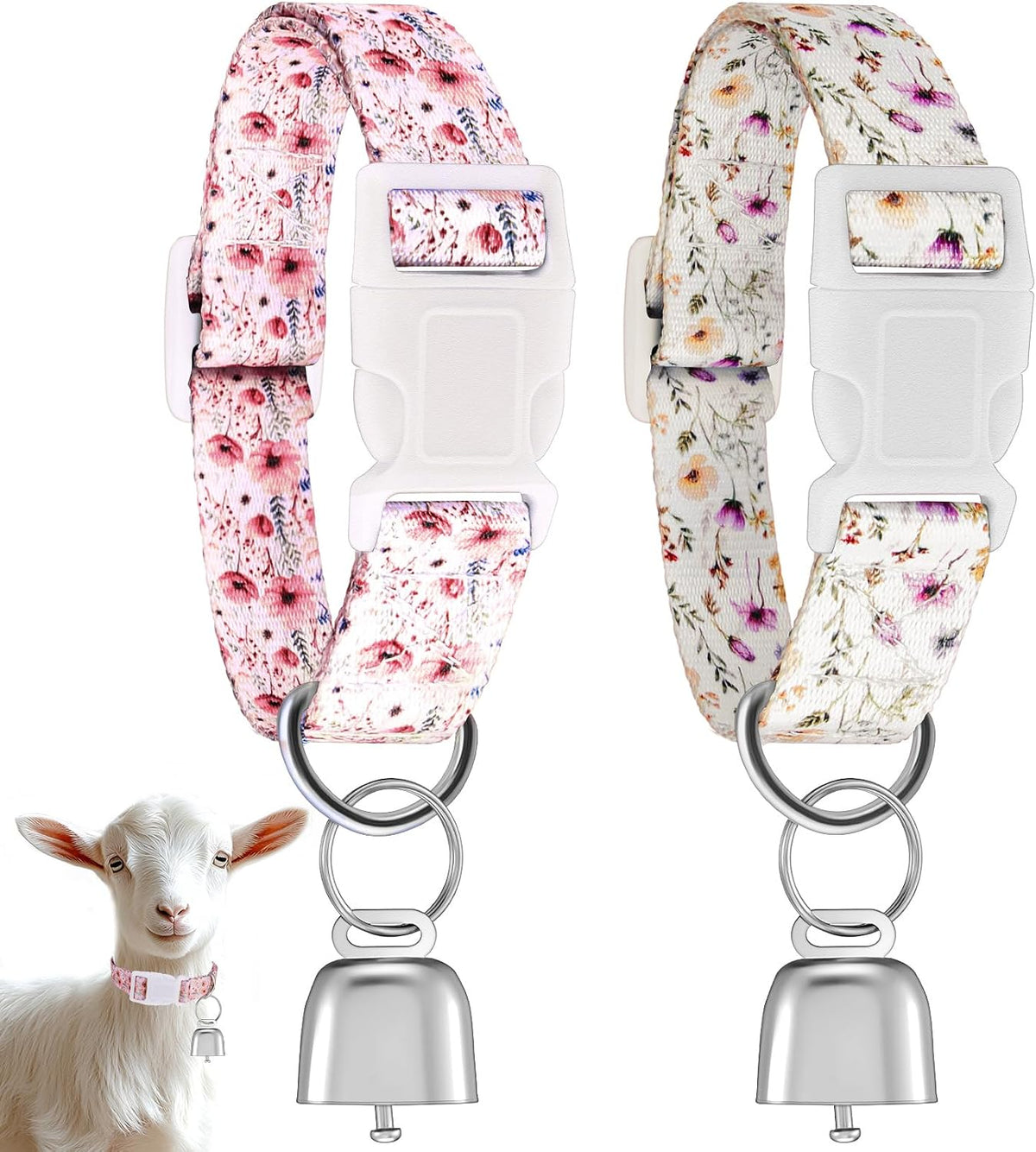 2 Pack Floral Goat Collars with Bells, White Pink Girly Pattern for Lambs