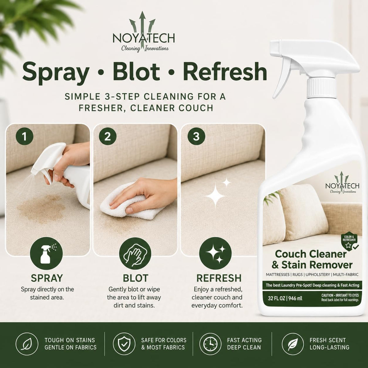 NOYATECH Couch Cleaner and Stain Remover Spray, Pet Safe Upholstery, 32 oz