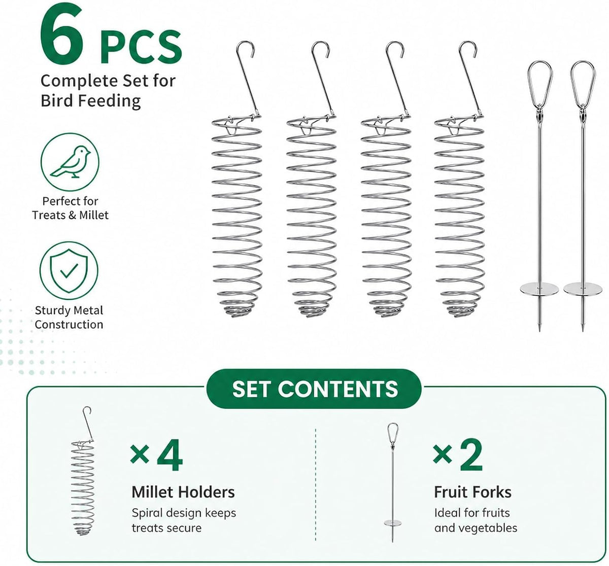 6PCS Millet Holder for Bird Cage, Feeder Set with Fruit Forks,Multi‑Feeder Combination, Foraging Accessory, Fits Small Cages, Simple Hook Mounting, Solid Bird Treat Rack
