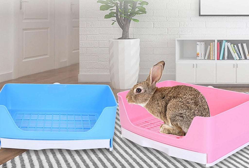 Large Rabbit Litter Box,Corner Potty Trainer with Drawer for Small Animals, Easy Clean Bedding Toilet for Adult Bunny, Guinea Pig, Ferret, Hamster (Blue)