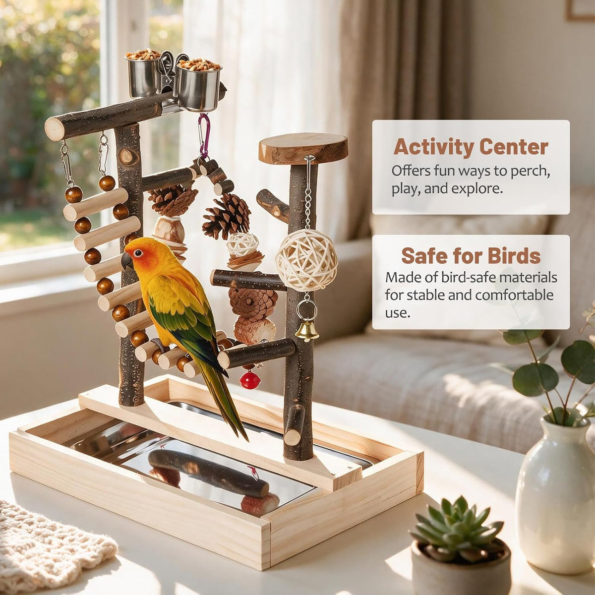 Bird Playground Wooden Parrot Stand Tabletop Parrot Play Gym