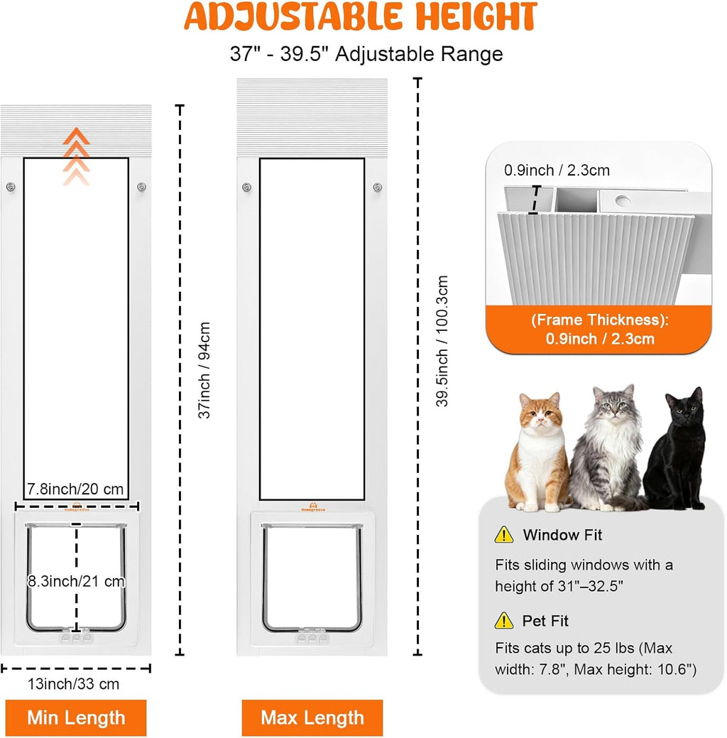 44-47" Vertical Cat Door for Window, Adjustable Height & 4 Locks