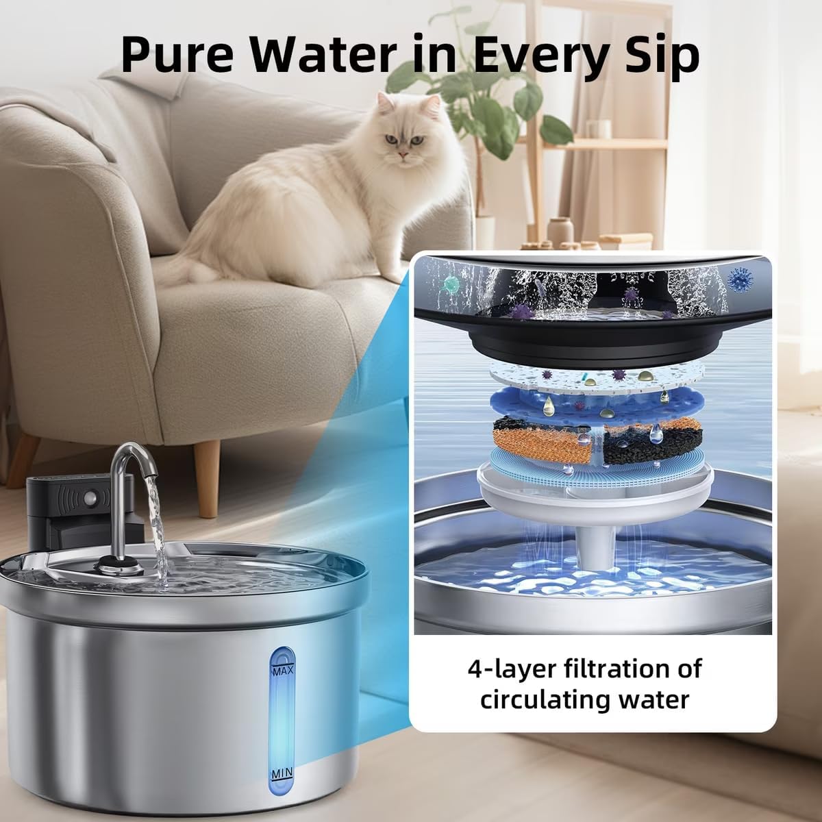 Casfuy SY-W08L Cordless Smart 3-Mode Stainless Steel Cat Water Fountain, 119-oz