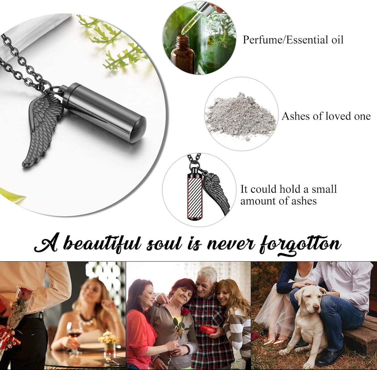 abooxiu Cylinder Cremation Necklace for Pet Ashes With Angel Wing Paw - Urn Necklace for Dog/Cat Memorial Keepsake Jewelry