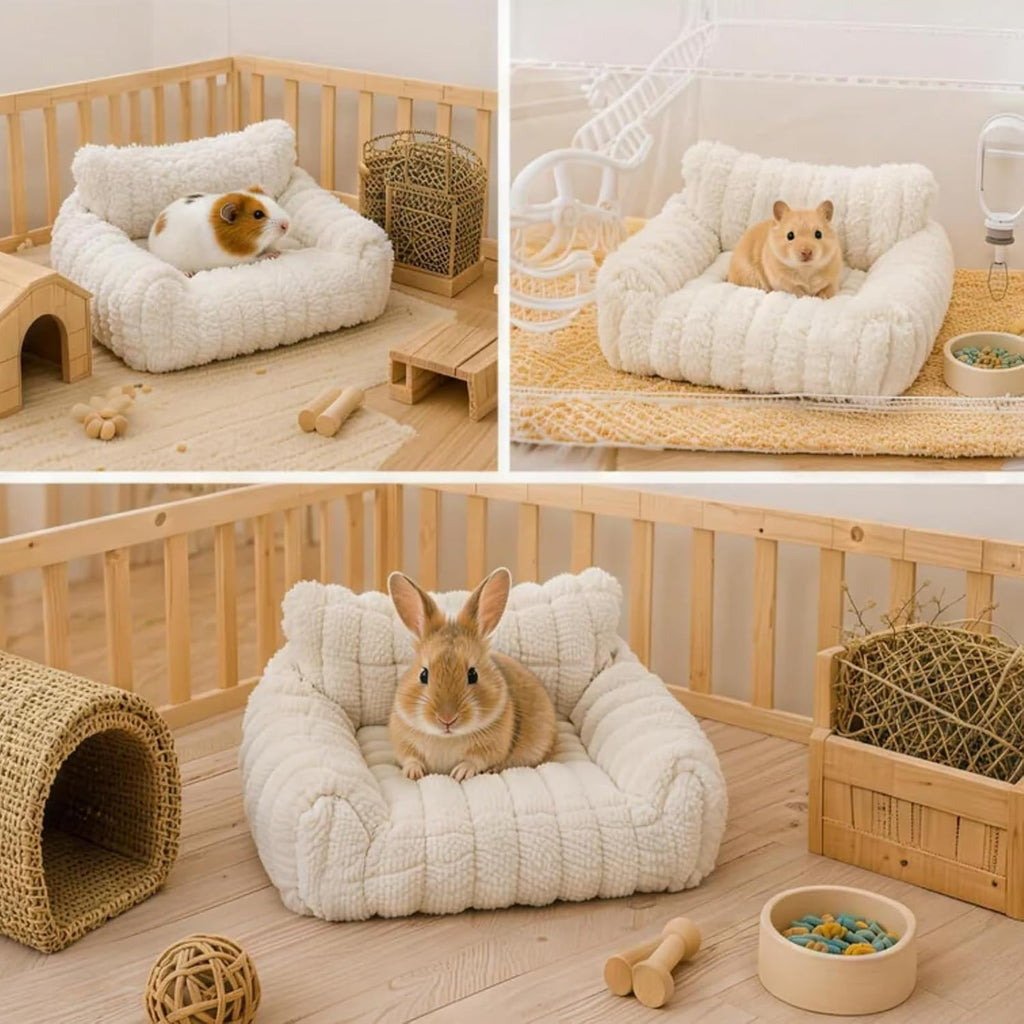 Ultra-Soft Plush White Guinea Pig Couch Bed, Cozy Small Pet Sofa with Padded Armrest & Backrest, Warm Guinea Pig Accessories for Hamster, Rabbit, Chinchilla, Hedgehog